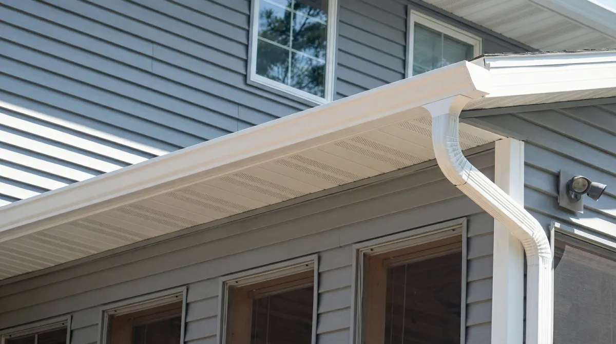 Professional home remodeling project showing newly installed white seamless gutters and downspouts on a house with gray siding in Manchester, NH