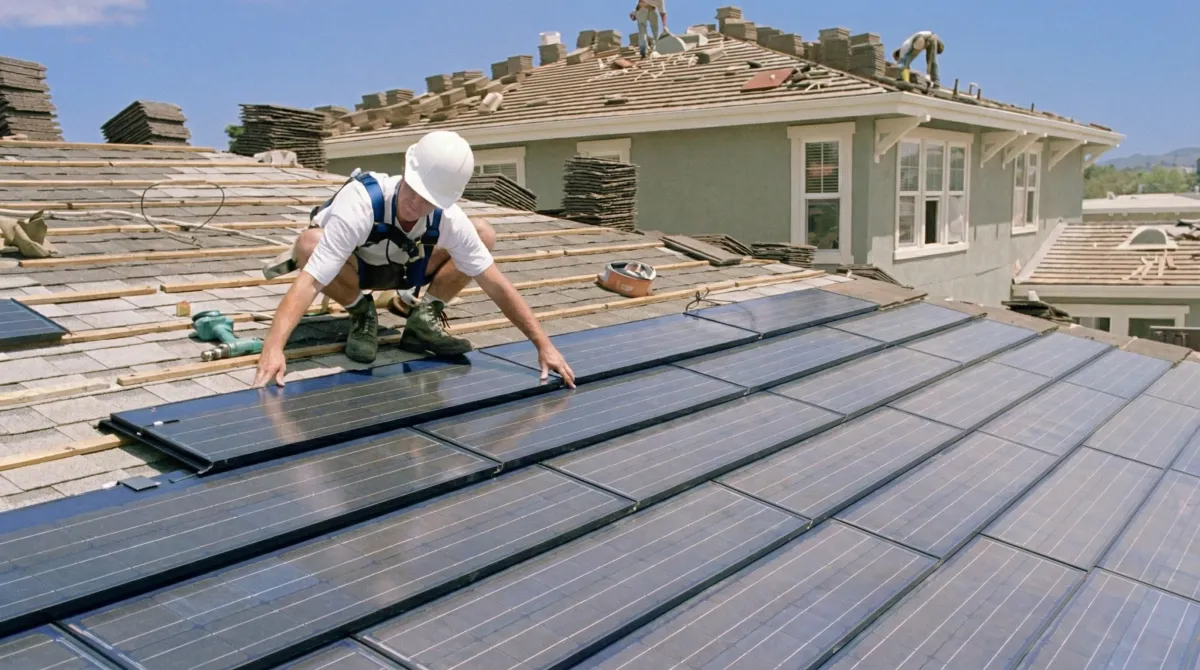 Roof replacement expert installing modern solar shingles on a residential home in Manchester, NH