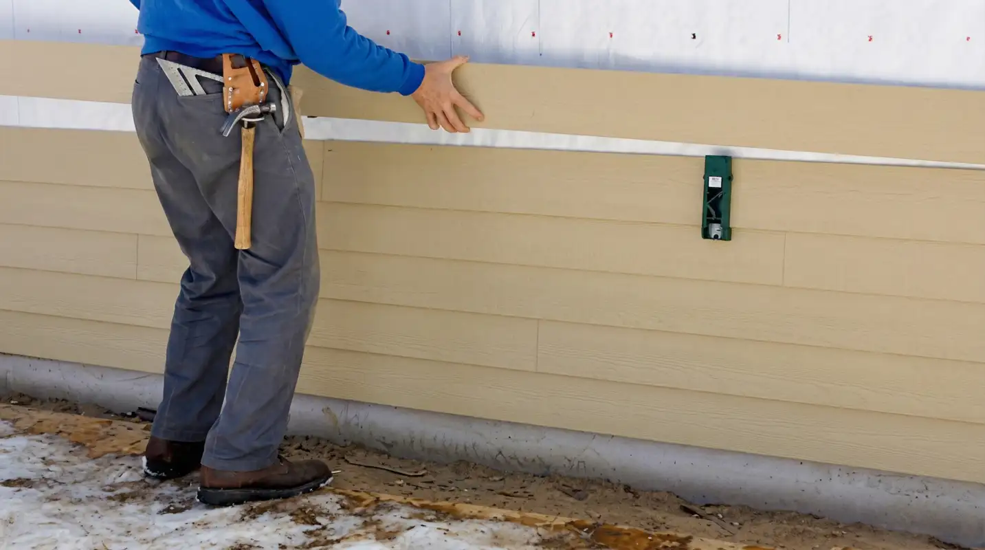 Siding replacement expert carefully aligning a new tan siding panel onto a residential exterior wall in Manchester, NH
