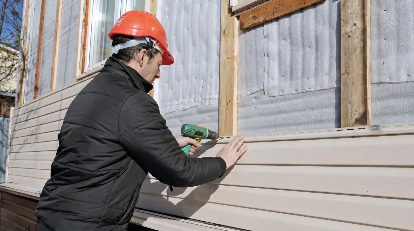 Siding replacement professional using a power drill to install new tan vinyl siding on a home exterior in Manchester, NH
