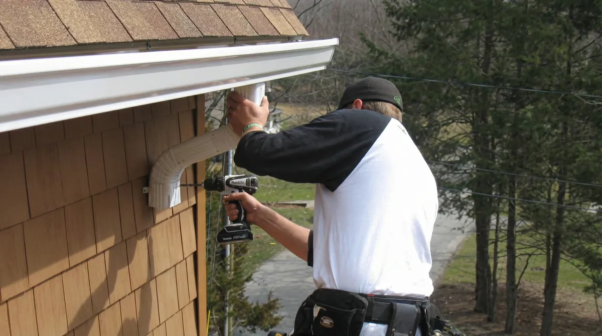 Professional contractor installing tan vinyl siding panels on a residential home exterior in Manchester, NH
