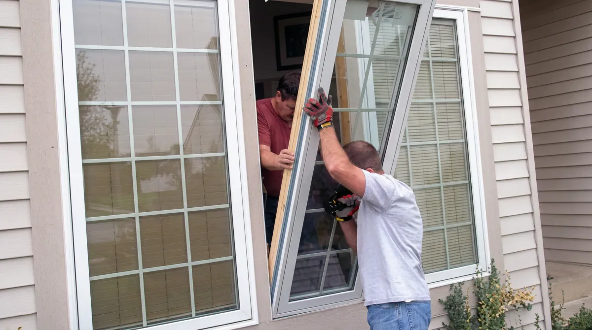 Professional home remodeling team installing a large replacement window on a house with tan siding in Manchester, NH